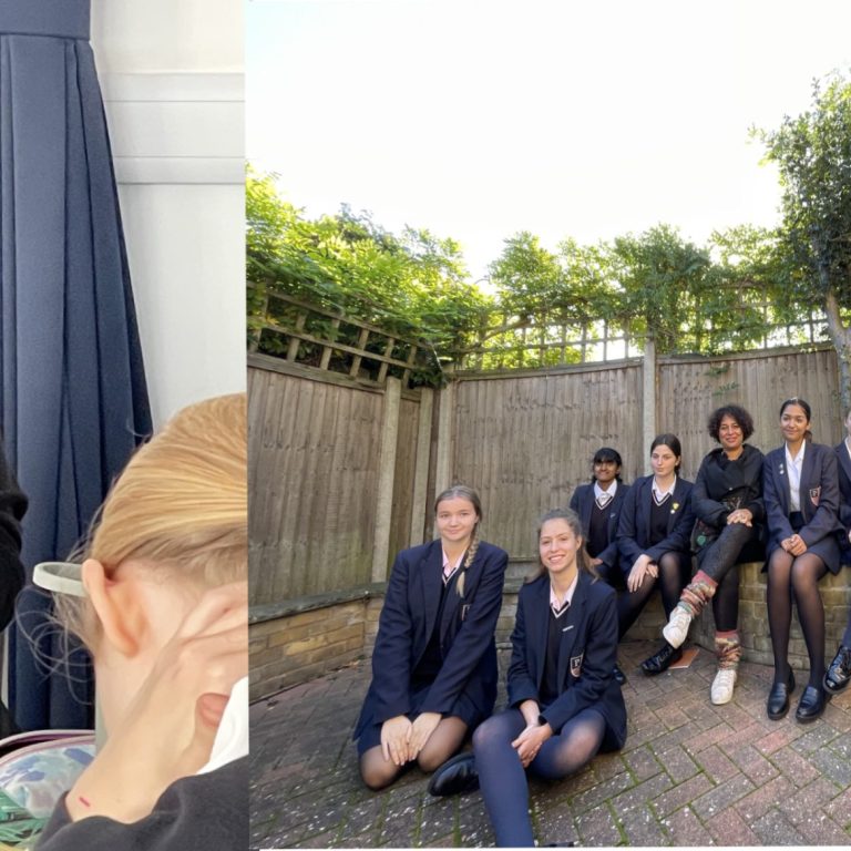Karen McCarthy Woolf in a workshop, with students in a group outside